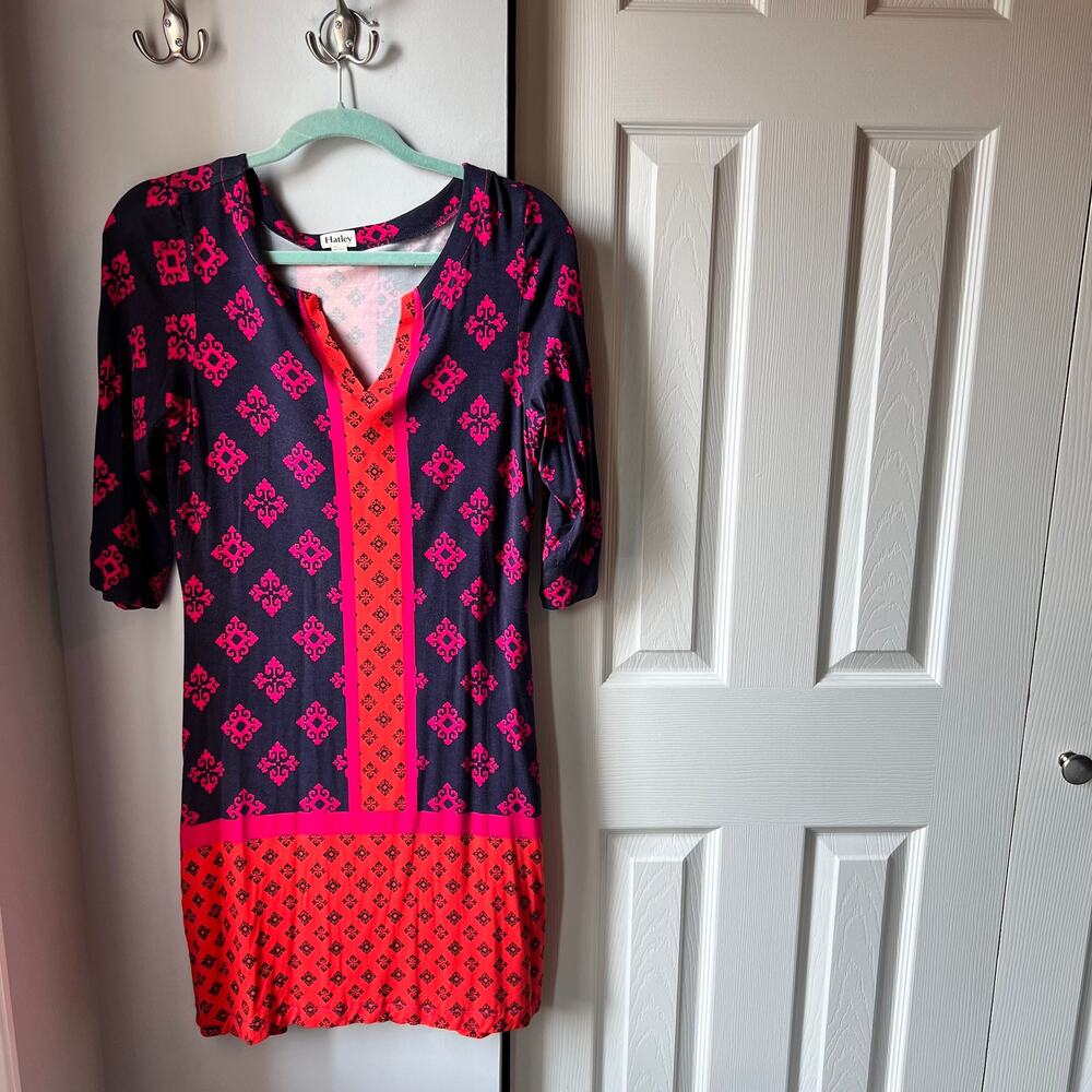 Hatley Women's V Neck Patterned Knee-Length 3/4 Sleeve Navy Dress - Small